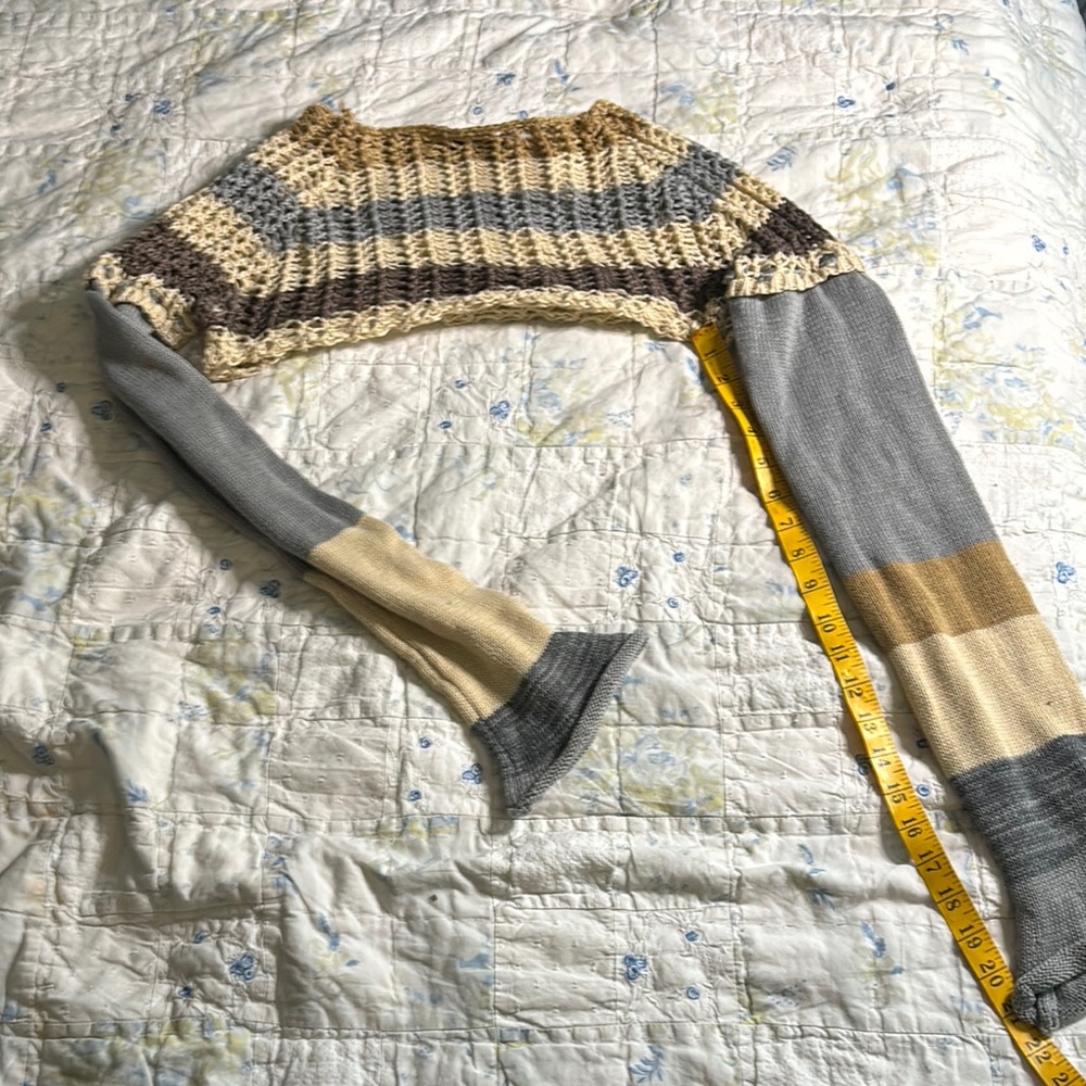 Cream and Gray Knit Shrug with Striped Pattern
